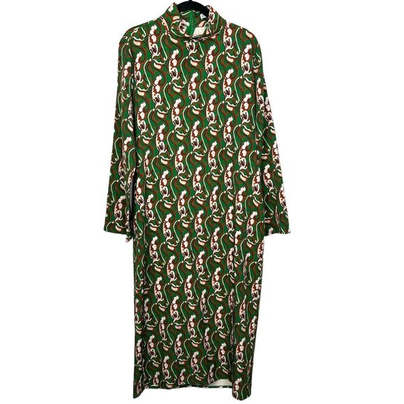 Zara Green Paisley Print Long Sleeve Mock Neck Side Slit Midi Dress XXL Blogger - Picture 4 of 14